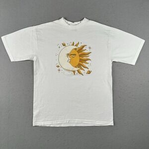 Vtg 90s Sun Moon T‎ Shirt XL White Short Sleeve Planet Faces Spiritual